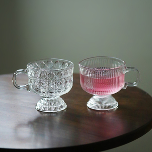 竖纹矮款 脚杯子高颜值带把玻璃杯饮料果汁水杯茶杯冰淇淋杯咖啡杯