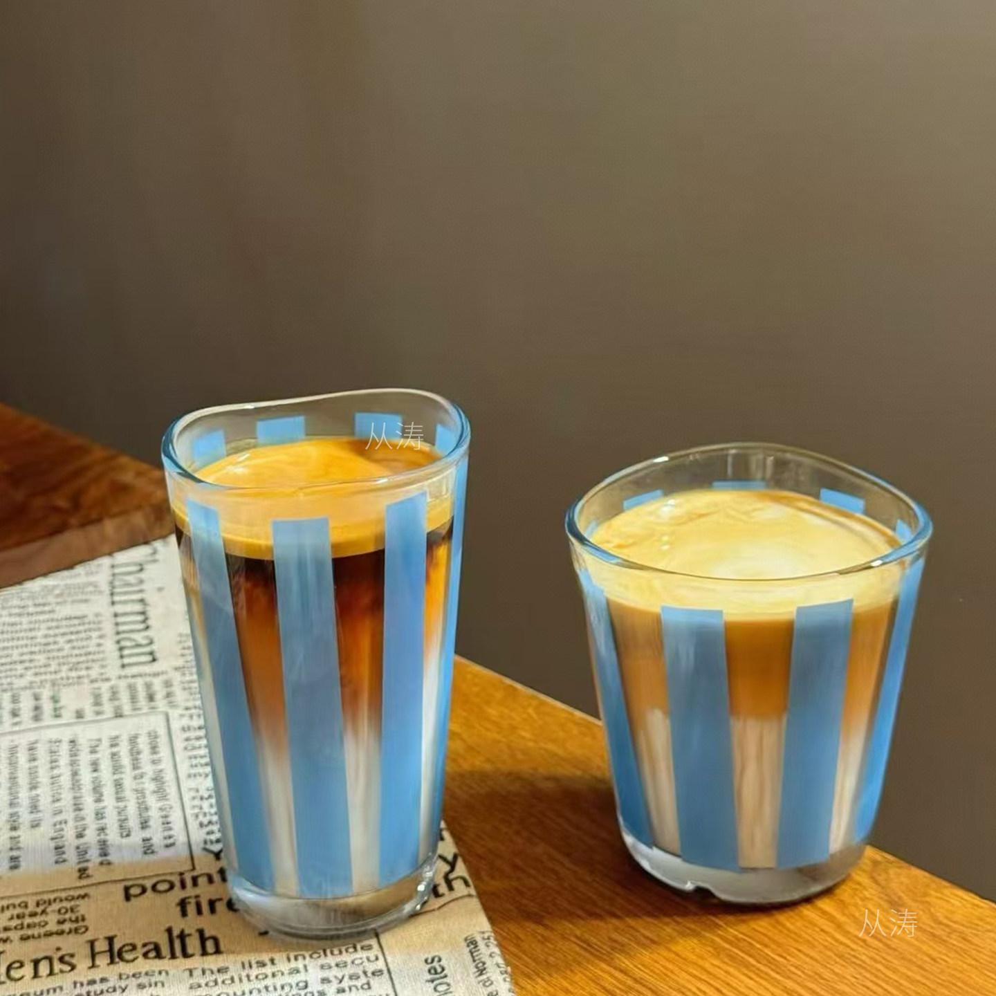 ins风蓝色条纹水杯不规则玻璃杯耐热咖啡杯高颜值果汁牛奶饮料杯