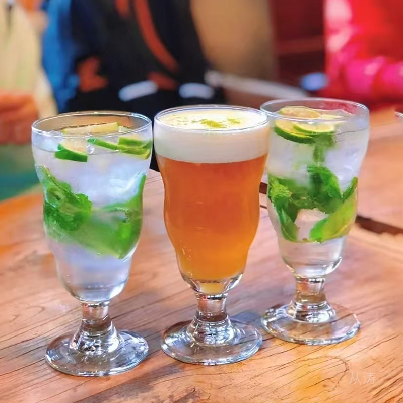 波浪形高脚果茶玻璃杯餐厅夏天冷饮气泡水杯果汁饮料调酒鸡尾酒杯