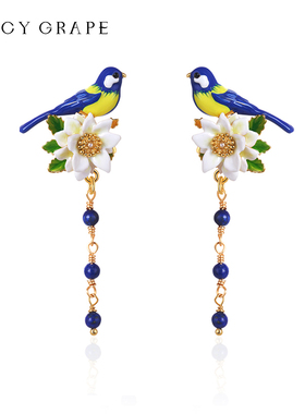 蓝色知更鸟栀子花长款耳环女手工珐琅轻奢小众设计感耳饰耳坠春夏