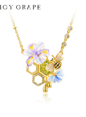 法式紫色鸢尾花小蜜蜂项链