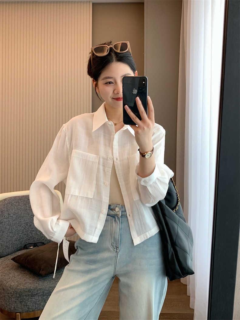 2024年夏季韩版Dell宽松舒适休闲时尚薄款长袖百搭防晒短款衬衫