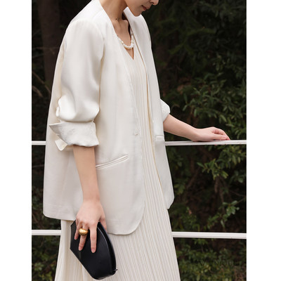 JWUNIQUE酒窝 轻氧白西装 松弛感米白色无领西装宽松休闲百搭外套