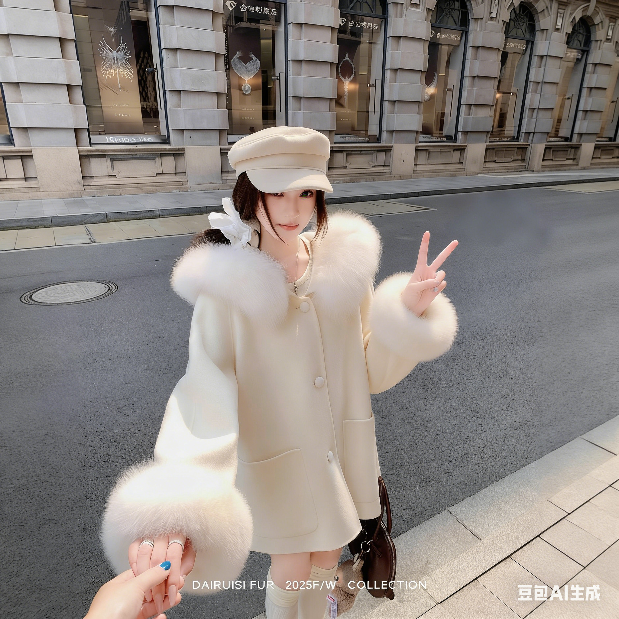 秋冬新款毛绒拼接加厚保暖纯色白色大衣性感简约系扣口袋外套女装