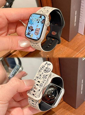 撞色玫瑰纹applewatch10蝴蝶扣硅胶表带女适用苹果手表9舒适678SE