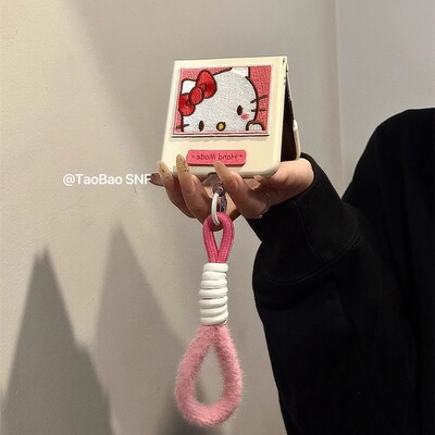 秋冬刺绣kt猫适用Pura X华为Pocket 2手机壳小米MIXFlip折叠FindN3Flip三星Zflip6/5/4荣耀VFlip手绳novaFlip