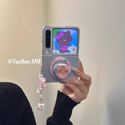 ins黑皮kt猫适用PuraX华为Pocket2手机壳小米MIXFlip2折叠FindN3Flip三星Zflip6/5磁吸支架novaFlip荣耀VFlip