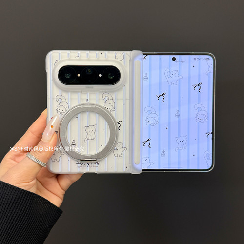 ins条纹猫咪旋转支架适用华为puraxmax典藏版手机壳iPhoneDuo折叠屏三星GalaxyZFold8阔折叠matex7x6x5双中轴