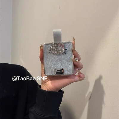 皮质浅蓝指环kt猫适用PuraX小米MIXFlip2华为Pocket2手机壳FindN3Flip折叠三星Zflip6/5/4/novaFlip荣耀VFlip