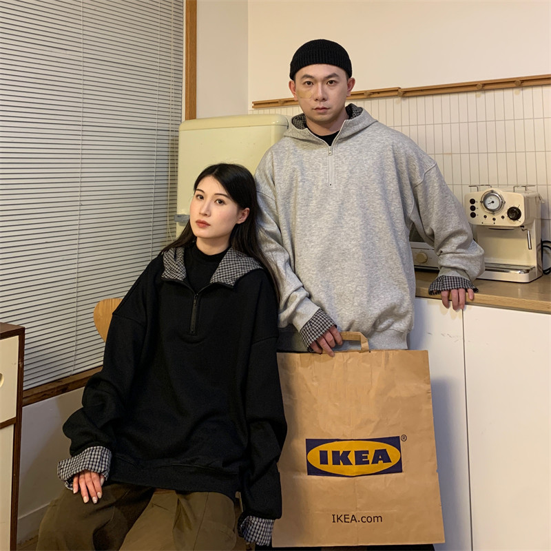 FTR/秋冬季韩版纯色简约宽松连帽格子拼色加绒卫衣百搭情侣装男女