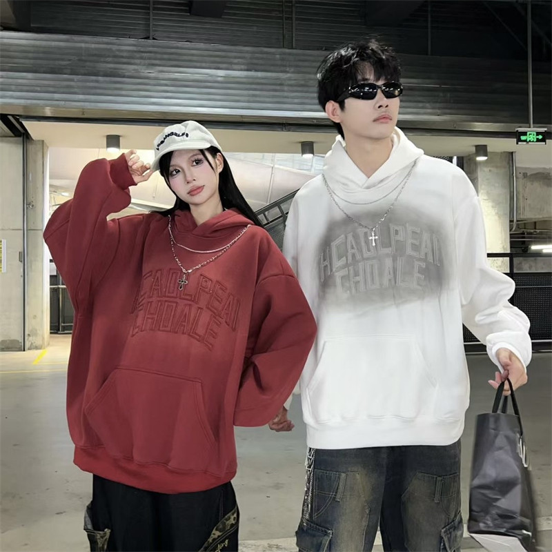 冬季欧美风潮流hiphop嘻哈字母宽松连帽水洗做旧加绒卫衣情侣男女