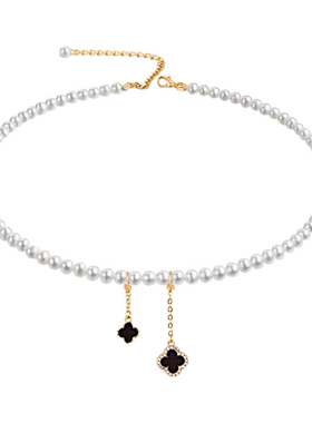 精致流苏黑色四叶草珍珠项链
