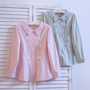 文艺清新韩国棉衬衫 新款 格子衬衣女上衣秋装 木耳花边刺绣花长袖