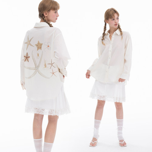 THELIGHT暗条纹印花烫钻长袖衬衫女2025AW薄款百搭防晒上衣米白色