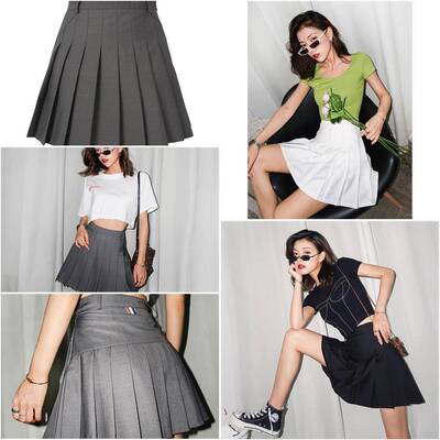 怪力酱美式灰色百褶裙女夏季学院jk防走光高腰短款西装a字半身裙