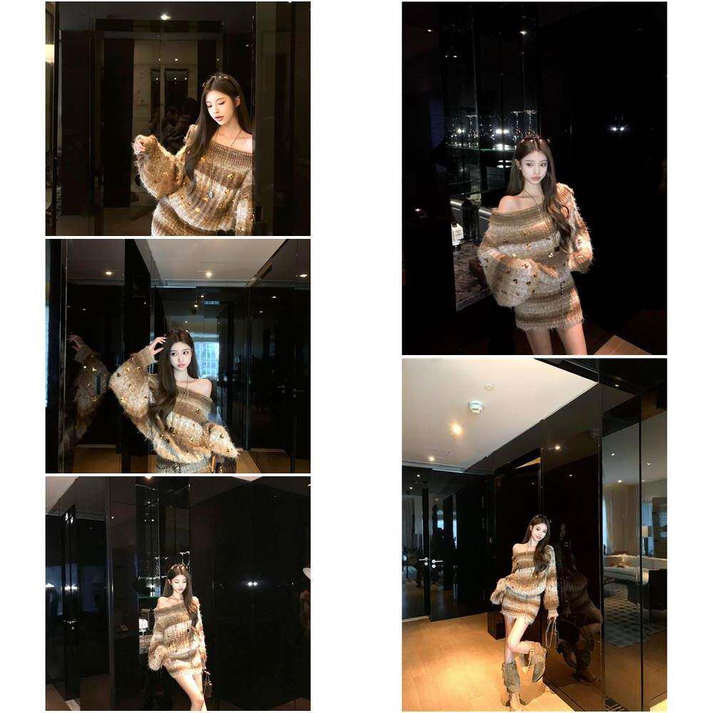 小众炸街高级感亮片斜肩针织连衣裙女2025秋冬新款撞色包臀短裙子