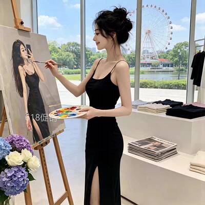 夏季ins超火御姐纯欲风性感长裙细肩带辣妹开叉吊带长款连衣裙
