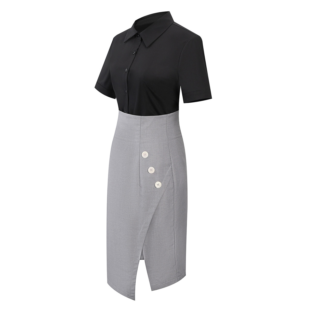 OL BLACK SHORT SLEEVE SHIRT COMMUTER LADIES FORMAL PROFESSIONAL SUIT TWO-PIECE WHITE COLLAR MANAGER BEAUTY SALON WORK CLOTHES