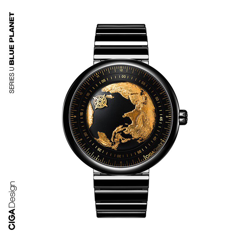 ciga design玺佳机械表u系列蓝色星球鎏金艺术版男士手表地球表