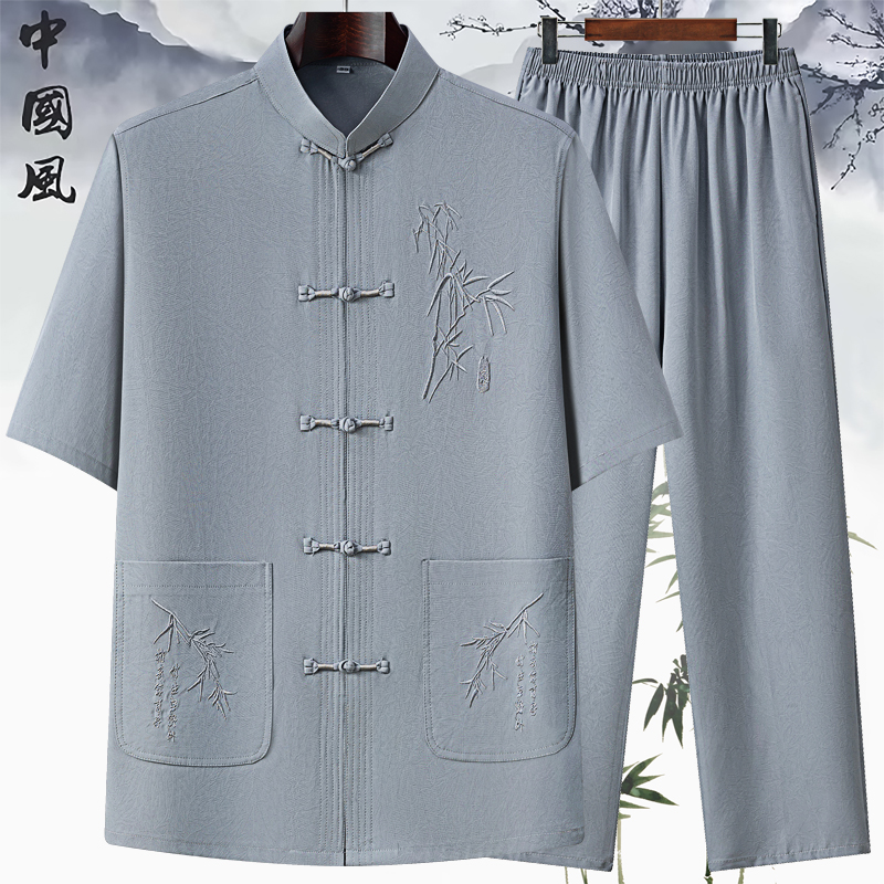 中老年唐装男士薄款短袖套装爷爷衣服冰丝半袖衬衫中国风爸爸夏装
