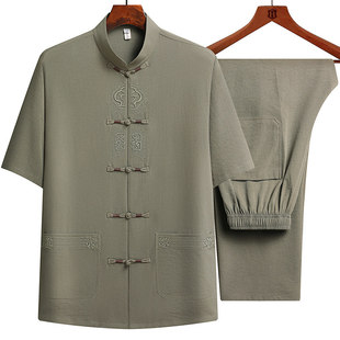 唐装两件套男中老年中式国风夏季冰丝衣服爷爷短袖爸爸夏装套装