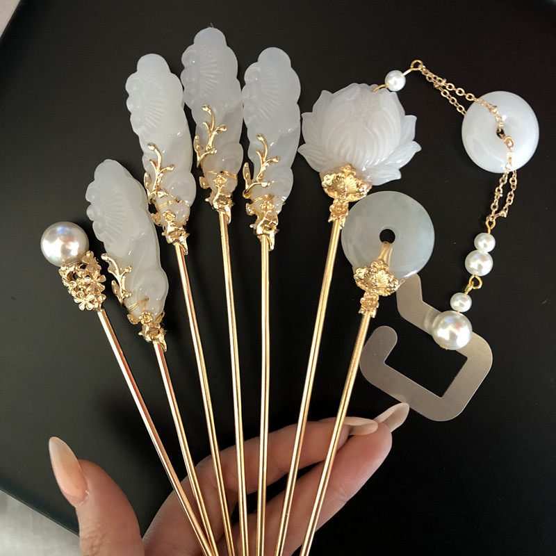 天然新疆白玉发簪古风汉服配饰簪子步摇盘发流苏简约宋制神棍头饰