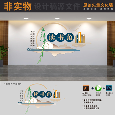 校园班级教室读书角图书馆书屋文化墙阅览室背景墙AI+CDR+PSD素材