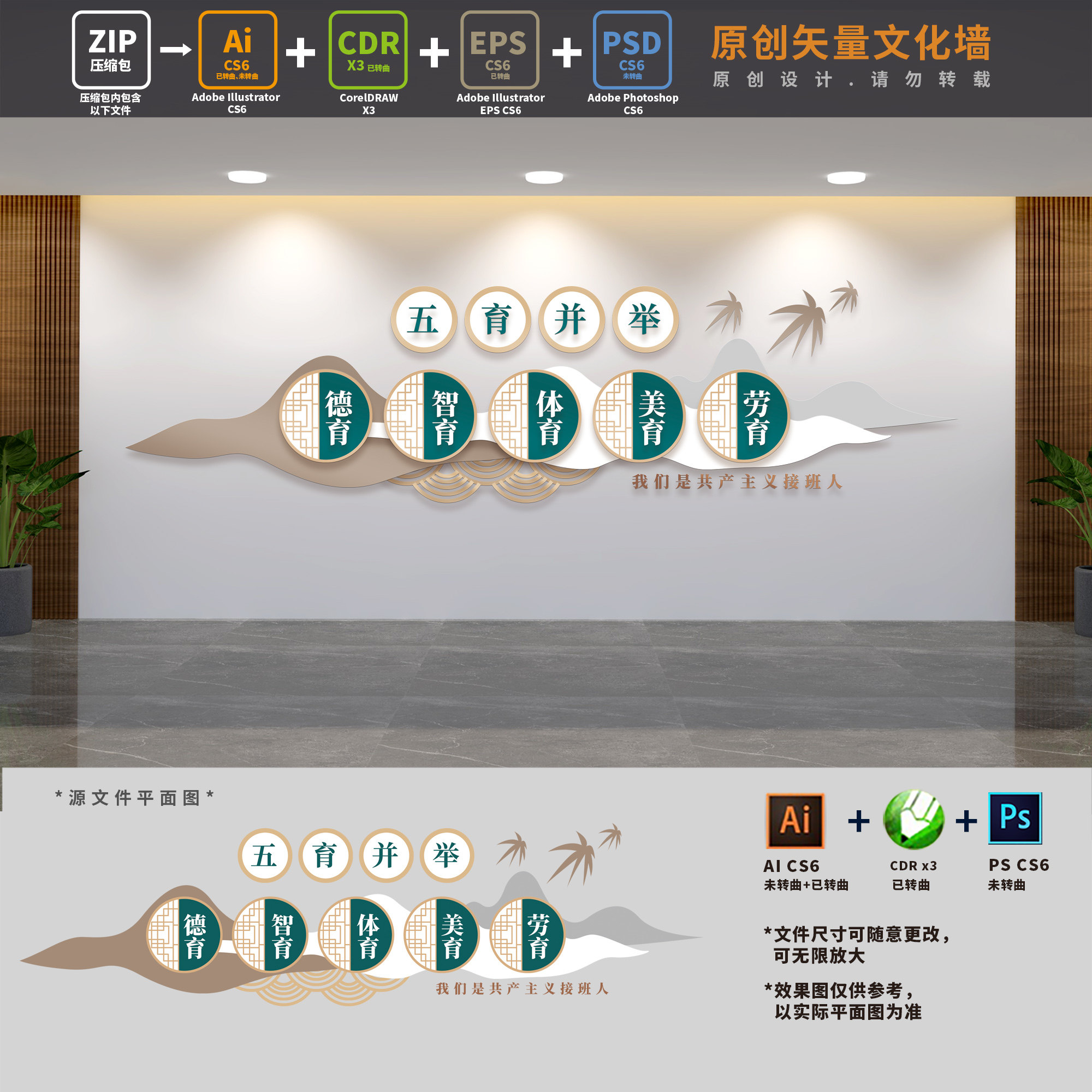 小学校园德智体美劳学校五育并举全面发展文化墙ai cdr psd设计稿