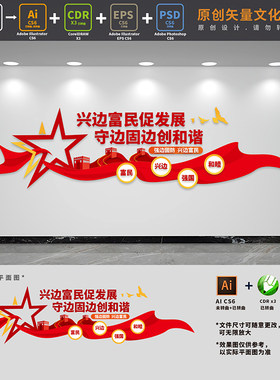 振兴边疆富裕边民边境治理固防强边标语党建文化墙AI+CDR+PSD素材