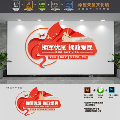 拥军优属拥政爱民双拥标语文化墙军民团结一家亲AI+CDR+PSD设计稿