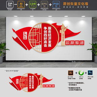 四好商会建设文化墙工商联党建联谊会标语背景墙AI+CDR+PSD设计稿