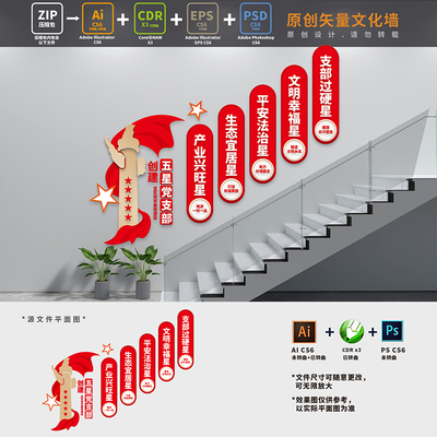 打造五星党支部建设国企村支部党建楼梯楼道文化墙AI+CDR+PSD素材