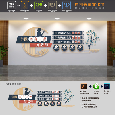 争做四有三者好老师学校标语师德师风建设文化墙AI+CDR+PSD设计稿