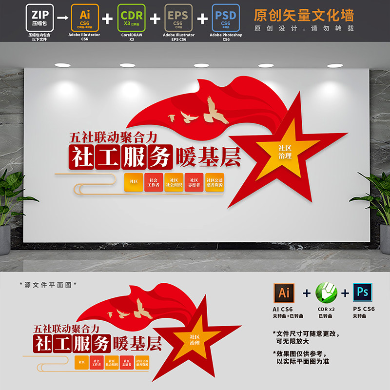 五社联动标语文化墙民政部社工服务站中心背景墙ai cdr psd设计稿