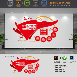 五个坚持三个服务党建文化墙党支部党员活动室背景AI+CDR+PSD素材