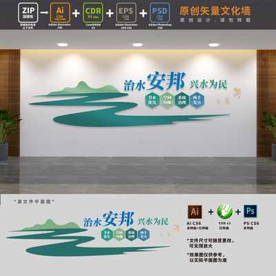 治水安邦水利局水务所标语水生态治理背景文化墙AI+CDR+PSD设计稿