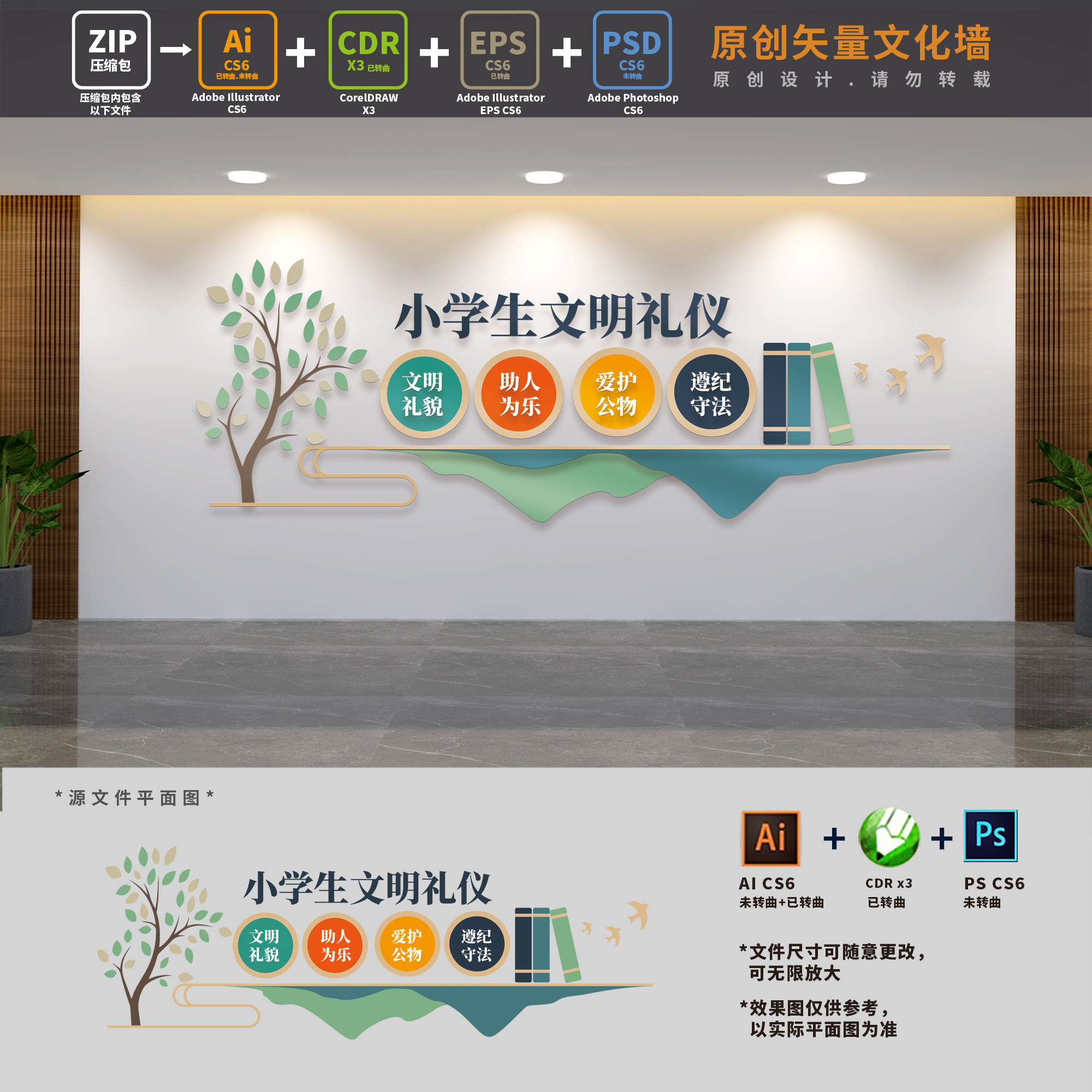 小学生文明礼仪文化墙班级公约校园教室背景墙布置ai cdr psd素材