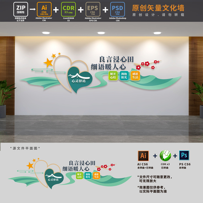 学校心理健康辅导咨询室文化墙社区心灵驿站背景墙AI+CDR+PSD素材