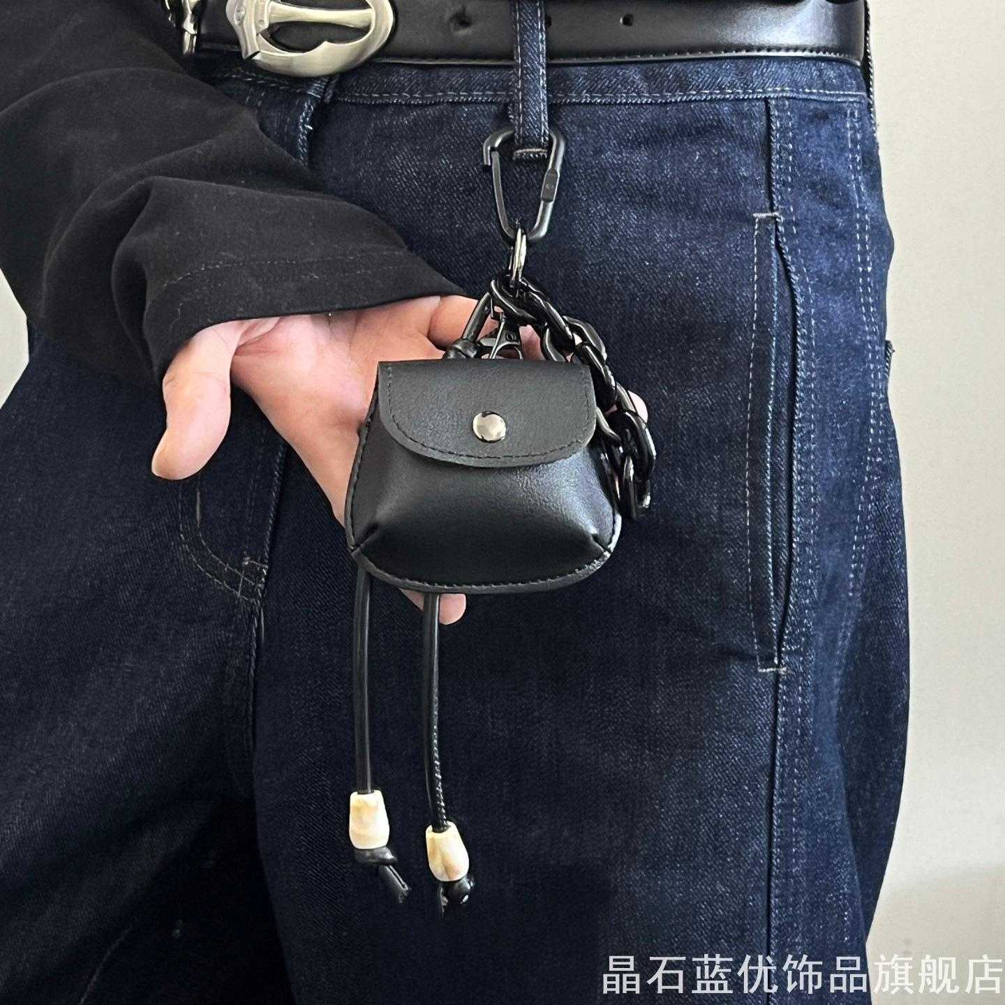 ins美式复古迷你PU小包挂件粗链条编织绳方珠耳机保护套腰带挂饰