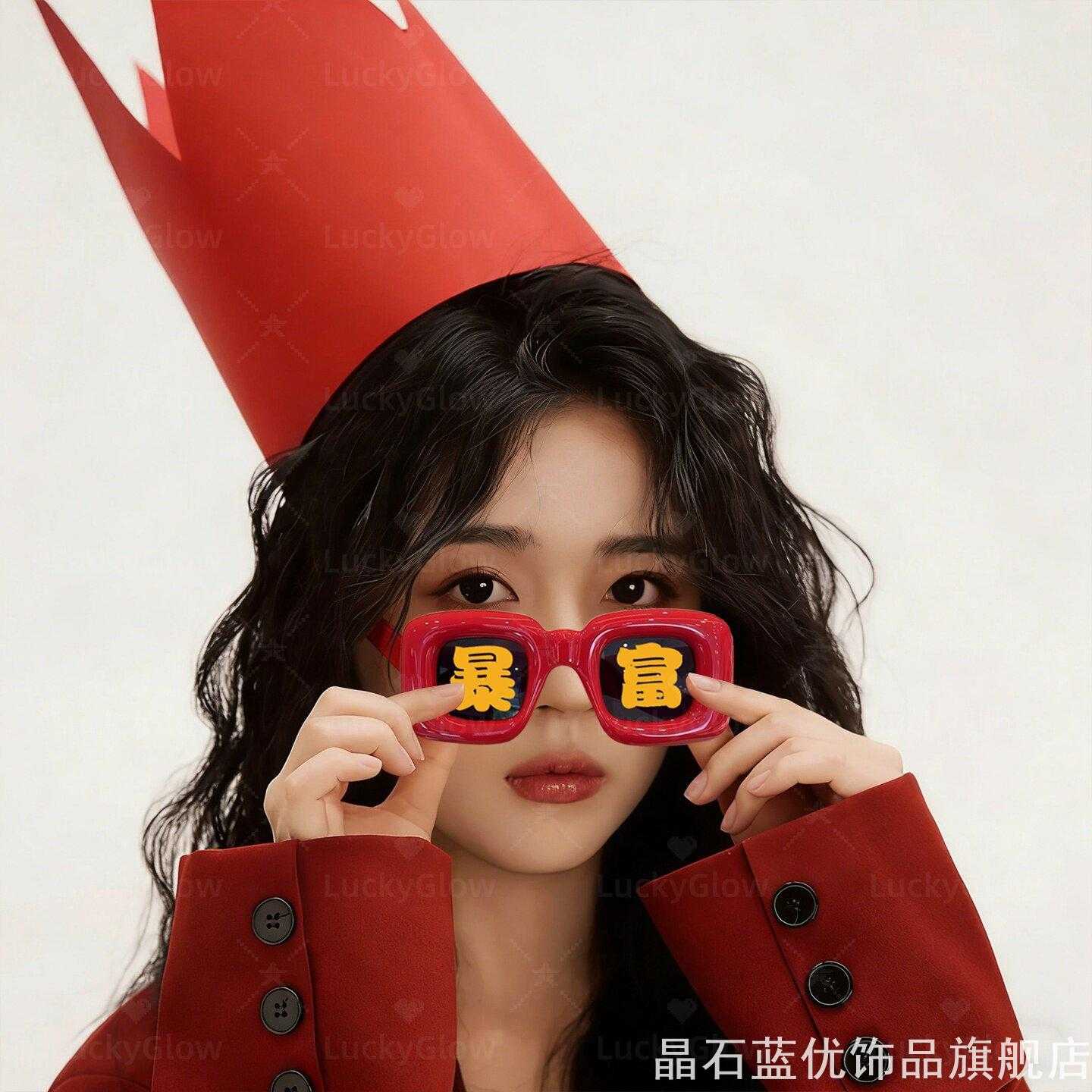 新年派对网红趣味眼镜暴富文字红色方框闺蜜家庭写真自拍道具