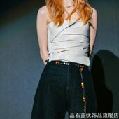 薛凯琪同款 橙黄撞色串珠腰链女复古民族风编织绳腰带百搭腰绳配饰