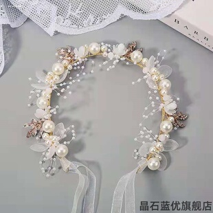 新娘头饰森系韩式仙美花环2023新款伴娘花童沙滩婚纱头纱结婚发饰