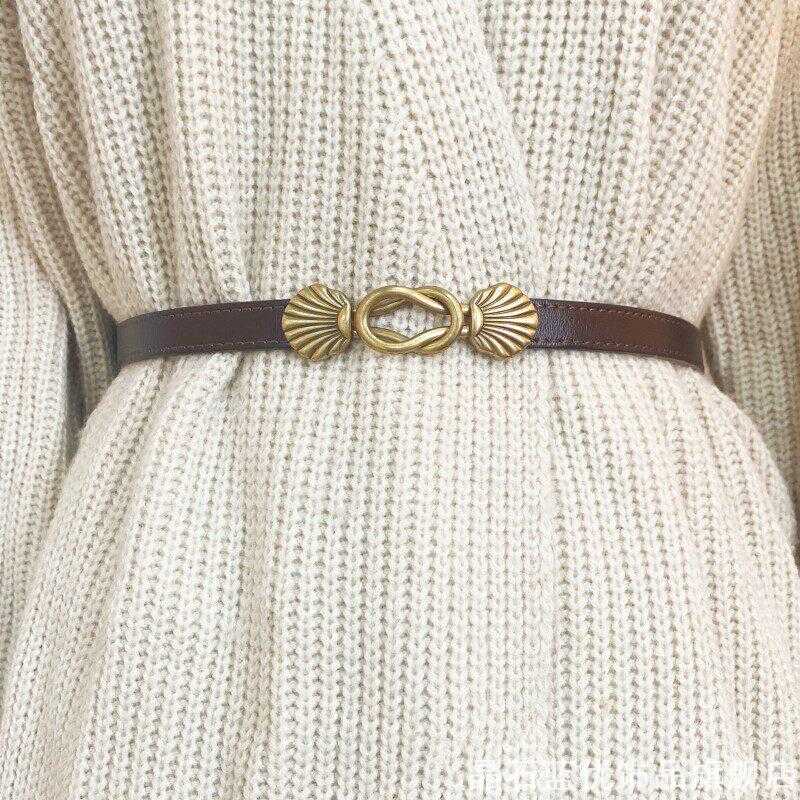 小众复古贝壳金属对扣细皮带女士多色柔软皮质裙子毛衣束腰腰带