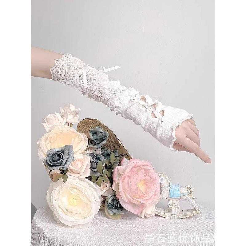 日系洛丽塔蕾丝手袖绑带镂空木耳边露指长款袖套少女穿搭拍照装饰