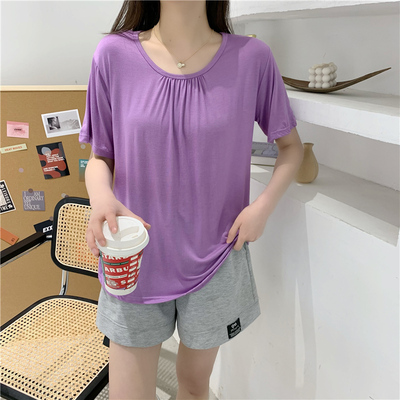 莫代尔短袖面膜t恤女夏薄款宽松大码打底衫胖mm居家睡衣简约上衣