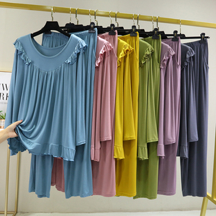 莫代尔长袖 外穿百搭两件套 睡衣女春秋大码 宽松圆领休闲家居服套装