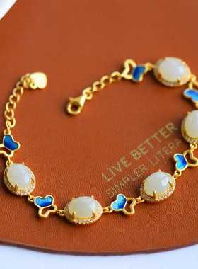 纯银925镶嵌天然和田玉白玉手链白玉蛋面手链设计师款送女朋友