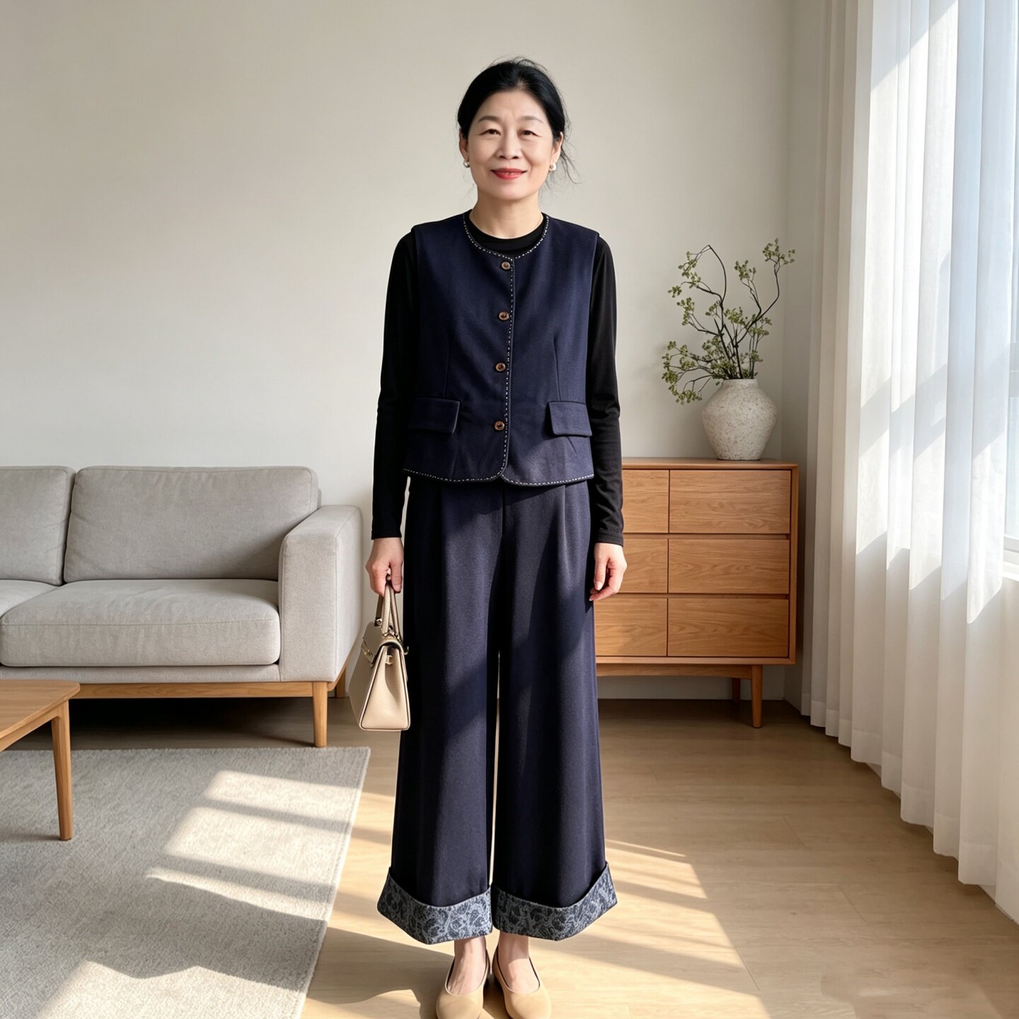 中年女秋季洋气马甲阔腿裤三件套