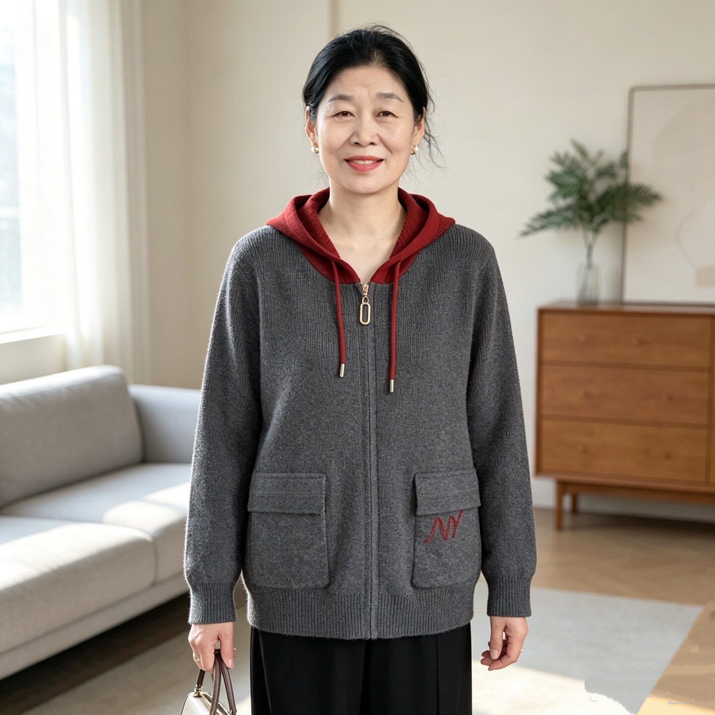 拼色连帽针织开衫外套女中年妈妈
