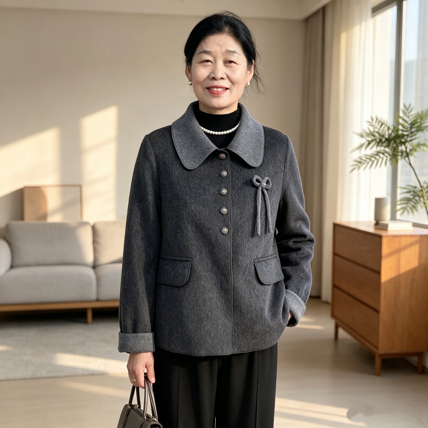 拼色高端双面呢羊绒大衣女短款中年妈妈装秋冬季小个子羊毛呢外套
